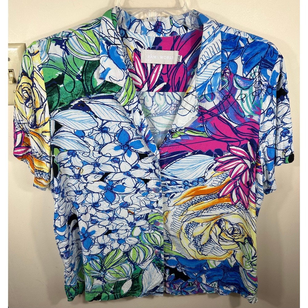 Jams World Grandiflora Button Down Top Women XXL Floral Art To Wear Coastal Chic